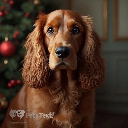 Portrait of a tawny English Cocker Spaniel named Ranger during Christmas