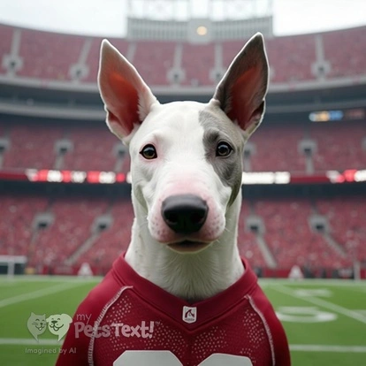 Miniature Bull Terrier in Alabama Crimson Tide jersey at Bryant-Denny Stadium.