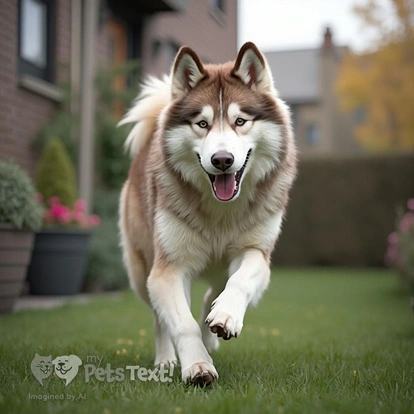 Shinzu, a male Alaskan Malamute, playing fetch in a terrace garden