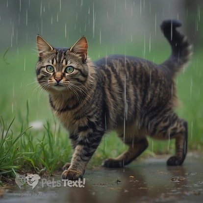 Tizzy the cat playing in the rain, looking curious.