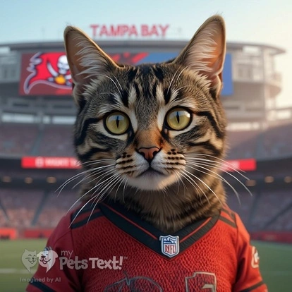 A stylish American Shorthair cat in a Buccaneers jersey at Raymond James Stadium.