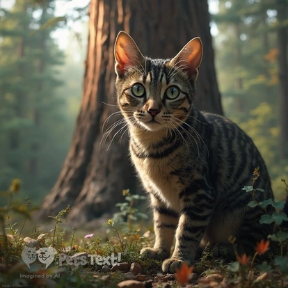 Tizzy the black, brown, and tan tabby cat sitting in front of the General Sherman tree