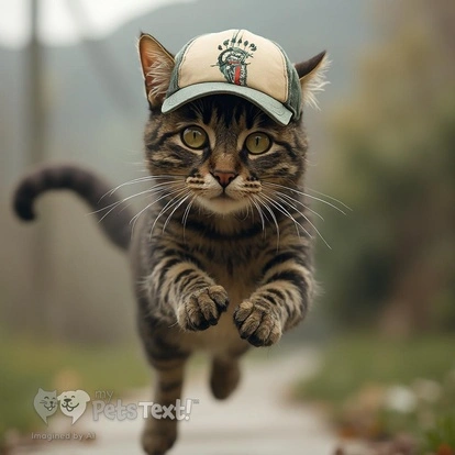 Tizzy the tabby cat leaping mid-air wearing a baseball hat.