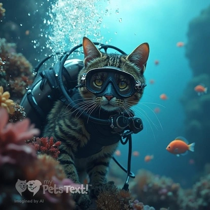 A cat wearing scuba gear exploring coral reefs underwater with colorful fish.