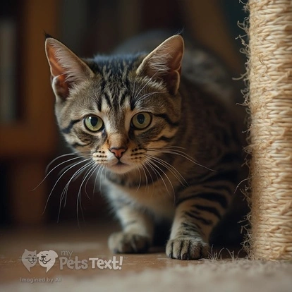 Tizzy the Adult Female American Shorthair cat scratching at a post in a cozy reading corner
