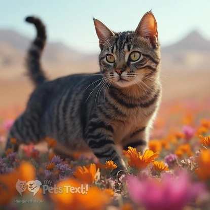 Tizzy, an American Shorthair cat, wandering through a colorful meadow of wildflowers in the desert.