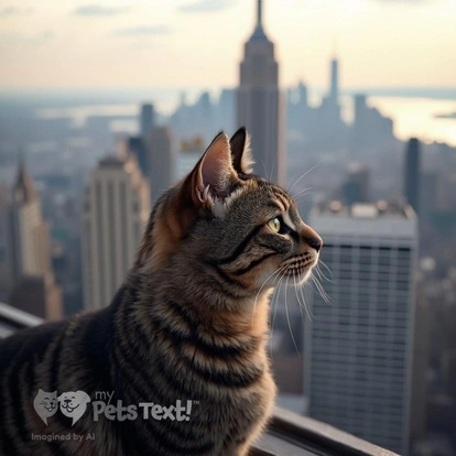 A female American Shorthair cat gazing at the Manhattan skyline from the Empire State Building