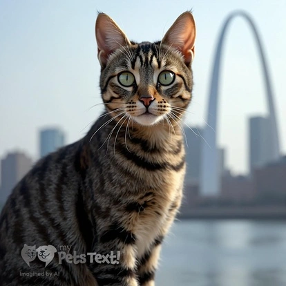 Tizzy the cat poses by the Gateway Arch with the Mississippi River in the backdrop.