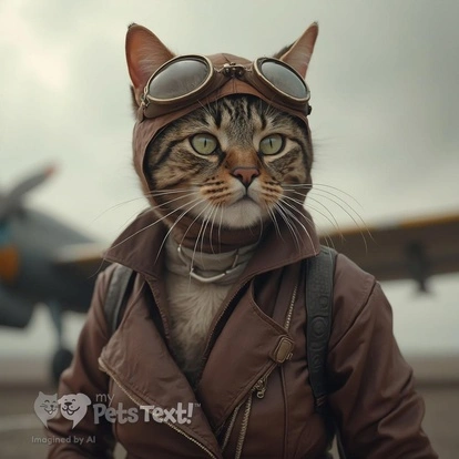 Tizzy the cat dressed as Amelia Earhart ready for takeoff