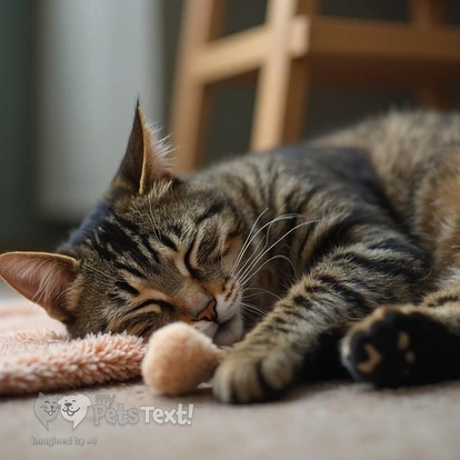 Tizzy the American Shorthair cat sleeping with a plush toy