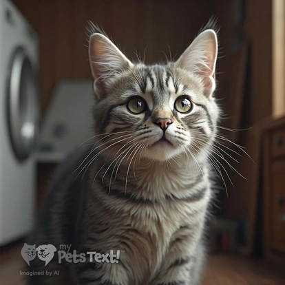 Toby, an adult Male American Wirehair cat with Salt and Pepper fur, in the laundry room.