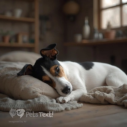 Adult Female Parson Russell Terrier named Zoe sleeping on blankets in a workshop during winter