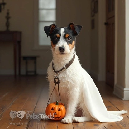 Zoe the Parson Russell Terrier in a ghost costume with a pumpkin basket