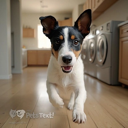 Zoe the Parson Russell Terrier running in the laundry room