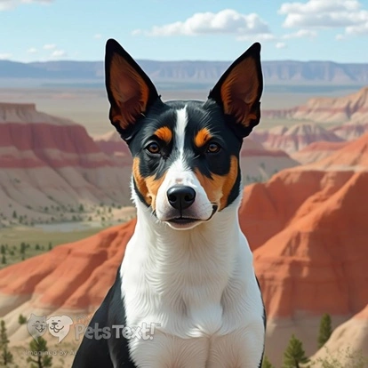 A Parson Russell Terrier named Zoe stands proudly at Painted Canyon Overlook, showcasing her distinctive colors against vibrant badland formations.