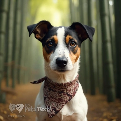 A Parson Russell Terrier named Zoe in Arashiyama Bamboo Grove wearing a stylish bandana.